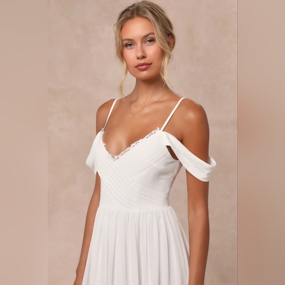 Lulus Marcelyn White Pleated Cold-Shoulder Maxi Dress S Wedding Party Bridal - Picture 4 of 10